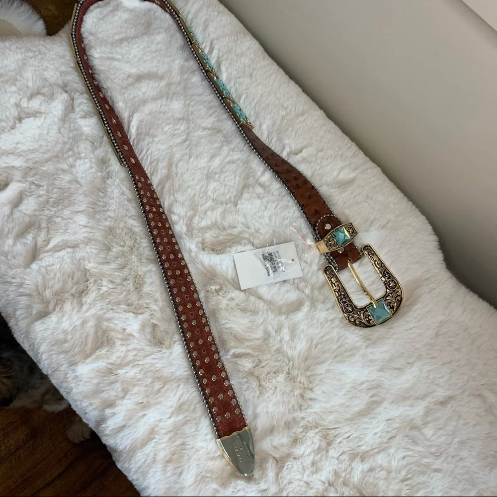 Men's West Star Texas Leather Bling Belt with Blue Crystal Conchos Size Large - Picture 7 of 11